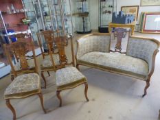 Edwardian Inlaid part salon suite compromising four chairs and a two seater settee. Sofa with open