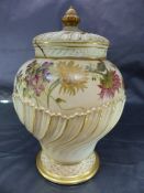 Royal Worcester Blush Ivory Pot Pouri vase with a gilt finial above a spirally reticulated cover (