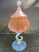 Italian Empoli peach and milk Opalescent footed Bonbonniere with cover. Condition Report - no