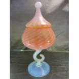Italian Empoli peach and milk Opalescent footed Bonbonniere with cover. Condition Report - no