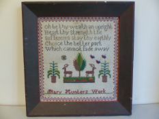 Needlepoint Sampler with decorated border and Titled 'Mary Hunter's Work' with a verse from the hymn