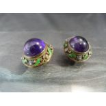 Earrings: Amethyst cabochon with delicate enamel and wire-work in the Arts & Crafts style