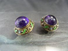 Earrings: Amethyst cabochon with delicate enamel and wire-work in the Arts & Crafts style