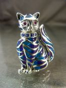 Silver plique-a-jour brooch in the form of a cat