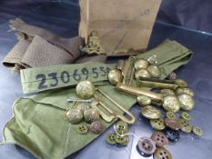 Military: Collection of items to include buttons, belt fastenings, tie marked 23069550 Glasgow