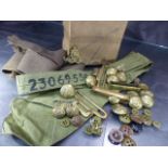 Military: Collection of items to include buttons, belt fastenings, tie marked 23069550 Glasgow