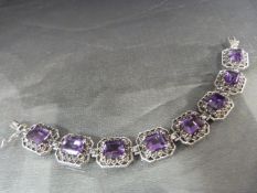 Silver marcasite and amethyst paneled bracelet