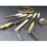 Collection of Curios to include Fruit Knifes, Mother of Pearl sewing set (uncased), Hallmarked