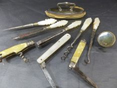 Collection of Curios to include Fruit Knifes, Mother of Pearl sewing set (uncased), Hallmarked