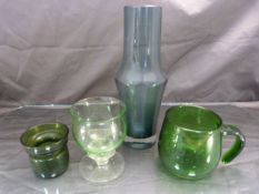 Green Bristol glass custard mug, Uranium Rummer/tankard with four stemmed base leading to a flat