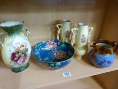 Maling Ware bowl on a blue splattered lustre ground decorated with gilded flowers, pair of Worcester