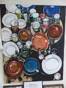 Large oil on canvas depicting plates and cups - unsigned