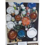 Large oil on canvas depicting plates and cups - unsigned