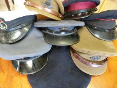 Large collection of Military caps and arm badges over two shelves