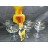 1950's Babycham glasses with hexagonal stems and white fawn/deer along with a West German style vase