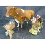 Beswick - Three Garden birds 1 A/F along with a Guernsey Tan and White bull CH Sabrina's Sir