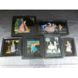 Set of six framed 'Butterfly Wing' pictures depicting various scenes. To include Jesters, ladies and