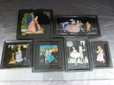 Set of six framed 'Butterfly Wing' pictures depicting various scenes. To include Jesters, ladies and