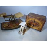 Set of antique weighing scales on oak base along with a boxed 'Letter Balance' and a cigarette