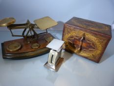 Set of antique weighing scales on oak base along with a boxed 'Letter Balance' and a cigarette