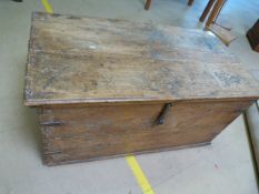 Antique pine trunk with clamp front, metal banded sides. Inner compartment with sliding panel