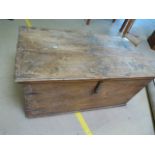 Antique pine trunk with clamp front, metal banded sides. Inner compartment with sliding panel