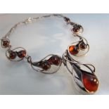 Silver and Baltic Amber necklace of Arts and Crafts style (Evald Nielsen) necklace compromising 7