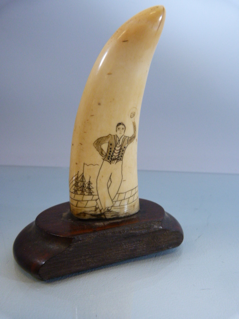 UPDATED SINGLE TOOTH - Scrimshaw whales tooth depicting a farewell of a man going to sea mounted