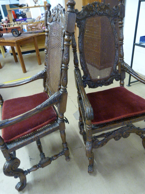 Good Example of a Pair of Carolean open arm chairman style chairs. The highly carved chair has a - Image 6 of 7