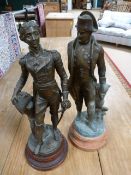 Two Spelter figures on turned wooden plinths. One of Wellington, the other Napoleon.
