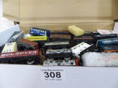 Collection of Hornby and Tri-ang railway carriages and a box of various track