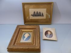 Silhouette of a masted ship at sea and two small handpainted miniatures of Men (politicians?)