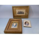 Silhouette of a masted ship at sea and two small handpainted miniatures of Men (politicians?)