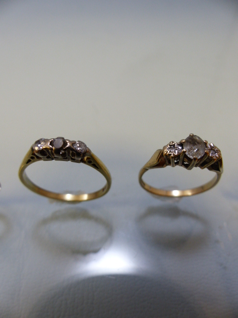 Three ladies 9ct dress rings and an 18ct (total weight 2.2g) three diamond stone ring (all A/F) ( - Image 8 of 9