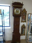 Oak Longcase clock by Sandiford of Manchester. Hood with glazed door is flanked by pilasters leading