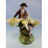 Staffordshire Pearlware sweet meat dish of a man and a lady sitting upon a tree holding baskets