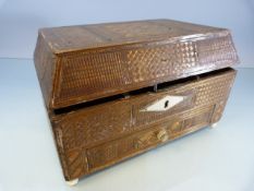 Napoleonic Prisoner of War Straw work Box, with bone bun feet and escutcheon. Writing to bottom '