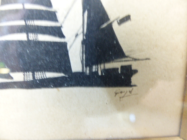 Silhouette of a masted ship at sea and two small handpainted miniatures of Men (politicians?) - Image 3 of 6