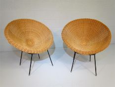 Pair of 1960's Wicker work tub chairs on mid century rod metal bases