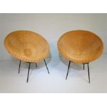 Pair of 1960's Wicker work tub chairs on mid century rod metal bases