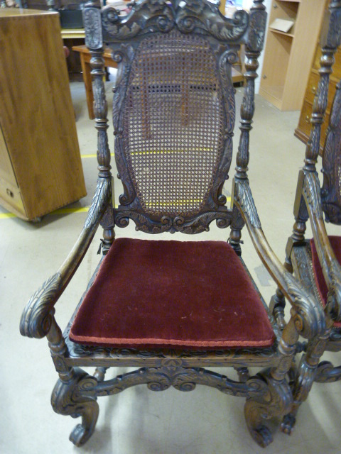 Good Example of a Pair of Carolean open arm chairman style chairs. The highly carved chair has a - Image 2 of 7