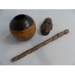 African walking stick , carved with the image of a kneeling man at top end. Small hardwood mask,