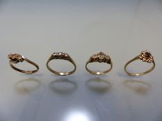 Three ladies 9ct dress rings and an 18ct (total weight 2.2g) three diamond stone ring (all A/F) (