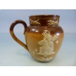 Miniature Royal Doulton brown jug with applied cream decoration depicting dogs, men and windmills.