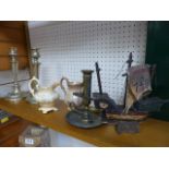 Wooden miniature of a ship on plinth, pair of silverplated candlesticks and one other and two