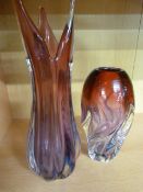 Murano glass - tulip style purple and clear glass vase along with another in the same colours of