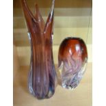 Murano glass - tulip style purple and clear glass vase along with another in the same colours of