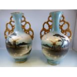 A pair of 19th c painted vases depicting countryside scenes and marked to base with a Crown & Lion