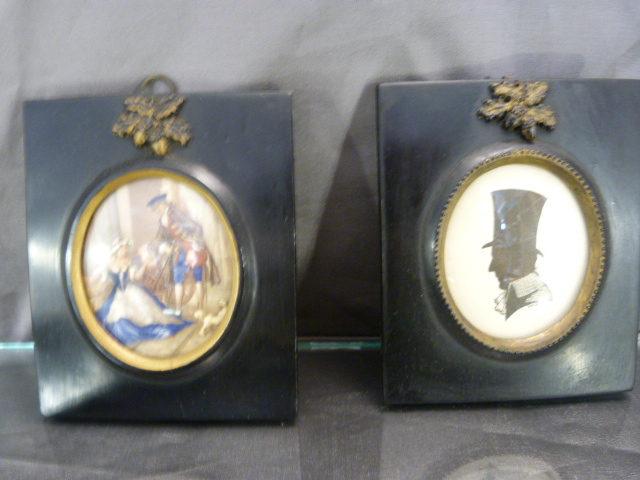 Three framed miniatures (two prints & a Silhouette signed McLEAN) and a brass and horn handled - Image 3 of 7