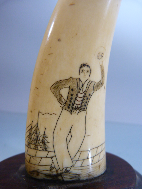 UPDATED SINGLE TOOTH - Scrimshaw whales tooth depicting a farewell of a man going to sea mounted - Image 2 of 6